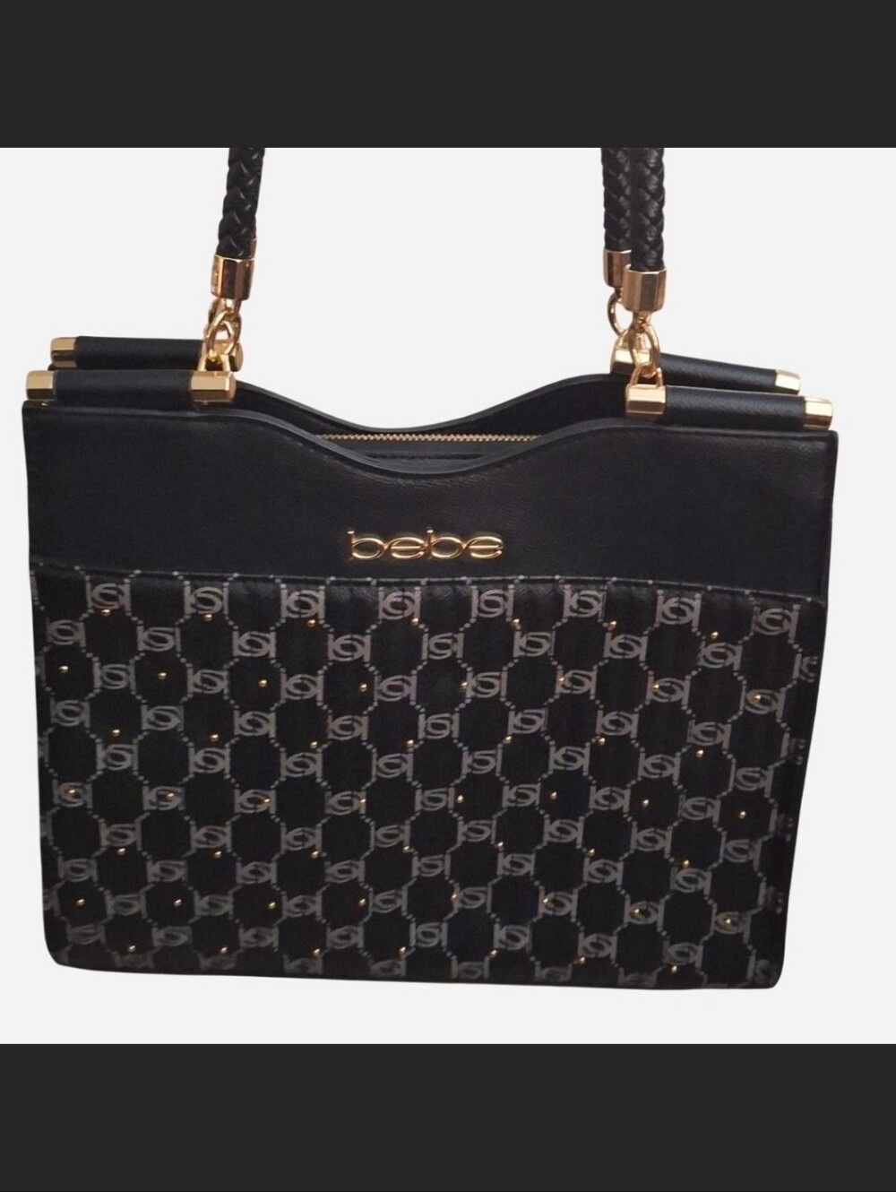 bebe Black and Gold Monogram Aliah Stud Shopper Shoulder Bag